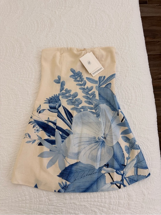 Peppermayo Dresses & Skirts - Peppermayo Strapless Cream Dress with Blue Floral Print